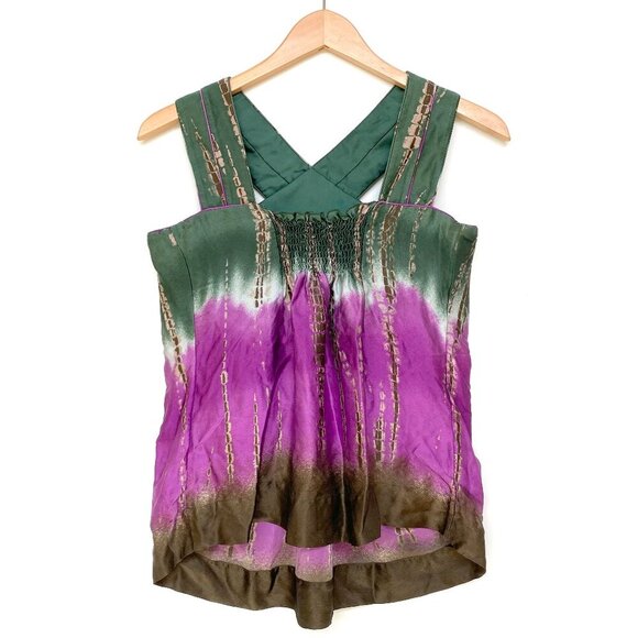 BCBG Max Azria 100% Silk Sleeveless Top Womens S Green Purple Brown Tie Dye Boho - Picture 2 of 16